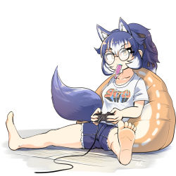 Rule 34 | animal ear fluff, animal ears, blue hair, dire wolf (kemono friends), glasses, highres, kemono friends, kemono friends v project, long hair, mcgunngu, shirt, simple background, tail, virtual youtuber, white background