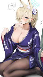 Rule 34 | ..., 1girl, 1other, absurdres, animal ear fluff, aqua eyes, blonde hair, blue archive, blush, bra, breasts, chela77, cleavage, clenched hand, closed mouth, collarbone, commentary, flower, hair flower, hair ornament, hair over one eye, halo, hand up, highres, japanese clothes, kanna (blue archive), kimono, large breasts, no shoes, obi, out of frame, pantyhose, ponytail, purple kimono, sash, shirt hold, single bare shoulder, sitting, solo focus, spoken ellipsis, sweat, symbol-only commentary, underwear, wariza, white bra, wide sleeves