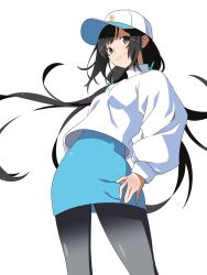 1girl \||/ alternate_costume alternate_hairstyle anime_coloring araragi_tsukihi arm_at_side baseball_cap black_hair black_leggings blue_skirt blush breasts cheek_blush closed_mouth commentary_request egg_hair_ornament feet_out_of_frame flower food-themed_hair_ornament from_below grey_eyes guchiknight hair_flower hair_ornament hat hat_ornament highres impossible_clothes impossible_sweater leggings light_blush light_smile long_hair long_sleeves looking_at_viewer low-tied_long_hair lower_lip_only medium_breasts monogatari_(series) nose_blush official_alternate_hair_length official_alternate_hairstyle official_style pencil_skirt simple_background skirt solo sweater swept_bangs turtleneck turtleneck_sweater very_long_hair wavy_mouth white_background white_hat white_sweater