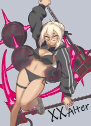 1girl ahoge beam_scythe bikini black_bikini blonde_hair breasts character_name double_bun dual_wielding fate/grand_order fate_(series) glasses grey_background hair_bun highres holding holding_scythe large_breasts mysterious_heroine_xx_alter_(fate) navel nora_red scythe shrug_(clothing) swimsuit tan twitter_username yellow_eyes