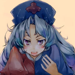Rule 34 | 1girl, bad id, bad pixiv id, blue hair, blush, drugs, female focus, hat, long hair, open mouth, pill, purple eyes, simple background, solo, touhou, ukyo rst, yagokoro eirin