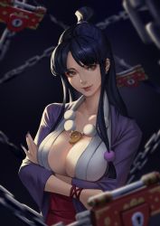 Rule 34 | 1girl, ace attorney, arms under breasts, bead necklace, beads, black background, black hair, bracelet, breasts, brown eyes, capcom, chain, cleavage, coat, collarbone, crossed arms, hair bun, hair ornament, japanese clothes, jewelry, keyhole, kimono, large breasts, lock, magatama, magatama necklace, maya fey, mia fey, mole, mole under mouth, nail polish, necklace, phamoz, phoenix wright: ace attorney - trials and tribulations, possessed, possession, psyche-lock, purple kimono, purple nails, simple background, single hair bun, solo, upper body, wide sleeves
