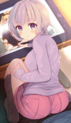Rule 34 | 1girl, 1other, :o, animal ears, ass, black pantyhose, blush, breasts, drawing, drawing tablet, grey hair, holding, holding pen, kneehighs, komone ushio, looking at viewer, looking back, medium breasts, open mouth, original, pantyhose, pen, pink skirt, purple eyes, rabbit ears, shirt, short hair, skirt, socks, solo focus, squatting, sweater, taut clothes, taut skirt, thighs