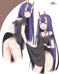 Rule 34 | 1girl, :d, :o, absurdres, alternate hair length, alternate hairstyle, artist name, ass, black dress, clothes lift, dated, dress, dress lift, fangs, fate/grand order, fate (series), highres, horns, lifted by self, long hair, looking at viewer, looking back, no panties, off shoulder, oni, open mouth, purple eyes, purple hair, ryle, shuten douji (fate), skin-covered horns, smile, very long hair