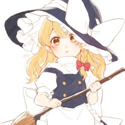 Rule 34 | 1girl, aged down, apron, artist name, bad id, bad pixiv id, black dress, black hat, blonde hair, bow, braid, broom, child, dress, hair bow, hands up, hat, hat bow, highres, jill 07km, kirisame marisa, long hair, looking at viewer, open mouth, red bow, simple background, single braid, solo, standing, touhou, white apron, white background, white bow, yellow eyes
