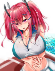 Rule 34 | 1girl, azur lane, blush, breasts, bremerton (azur lane), bremerton (scorching-hot training) (azur lane), chain-link fence, crop top, crop top overhang, fence, graphite (medium), hair between eyes, hair ornament, hairclip, heart, heart necklace, highres, huge breasts, jewelry, kuzya, large breasts, long hair, looking at viewer, mechanical pencil, multicolored hair, navel, necklace, pencil, pink eyes, pink hair, shirt, skirt, sleeveless, sleeveless shirt, sportswear, streaked hair, sweat, tennis court, tennis uniform, tongue, traditional media, twintails, two-tone shirt, two-tone skirt, x hair ornament
