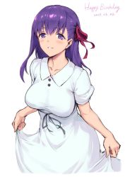 Rule 34 | 1girl, black ribbon, blush, breasts, collared dress, commentary request, cowboy shot, dated, dress, fate/stay night, fate (series), hair ribbon, haoni, happy birthday, long hair, looking at viewer, matou sakura, medium breasts, official alternate costume, parted lips, purple eyes, purple hair, red ribbon, rei no himo, ribbon, short sleeves, simple background, sketch, skirt hold, smile, solo, sundress, white background, white dress