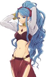 Rule 34 | 1girl, blue eyes, blue hair, breasts, chest jewel, cleavage, closed mouth, commentary request, groin, jewelry, loincloth, long hair, looking at viewer, murata tefu, navel, puyopuyo, puyopuyo~n, rulue (puyopuyo), simple background, smile, solo, white background
