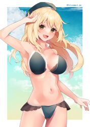 Rule 34 | 1girl, armpits, atago (kancolle), bare arms, bare legs, bare shoulders, beret, bikini, blonde hair, blue bikini, blue hat, blush, breasts, collarbone, cowboy shot, green eyes, hat, highres, kantai collection, kozu (bloomme1 me), large breasts, long hair, navel, open mouth, smile, solo, swimsuit, twitter username