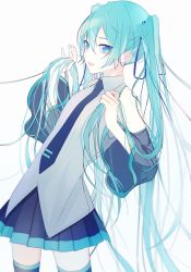 Rule 34 | 1girl, absurdres, aqua eyes, aqua hair, blush, breasts, detached sleeves, hatsune miku, highres, long hair, looking at viewer, nakko (7nt5ta), necktie, skirt, small breasts, smile, solo, twintails, very long hair, vocaloid, white background