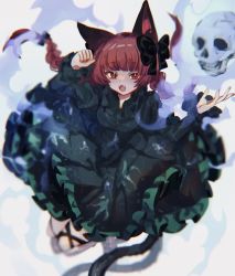 Rule 34 | 1girl, animal ears, ayahi 4, black bow, blunt bangs, bow, braid, cat ears, cat girl, cat tail, clenched hand, commentary, dress, fangs, frilled dress, frills, full body, green dress, hair bow, highres, kaenbyou rin, leg ribbon, long hair, long sleeves, looking at viewer, multiple tails, open mouth, paw pose, red eyes, red hair, ribbon, simple background, skull, solo, tail, teeth, touhou, twin braids, two tails, upper teeth only, white background