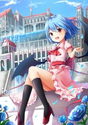 Rule 34 | 1girl, absurdres, ascot, bad id, bat wings, black socks, blue flower, blue hair, blue rose, blue sky, building, child, cloud, day, dress, flower, frilled dress, frills, full body, hand up, high heels, highres, kneehighs, looking at viewer, no headwear, open mouth, outdoors, petals, pink dress, puffy short sleeves, puffy sleeves, red ascot, red eyes, red footwear, red sash, remilia scarlet, renka (cloudsaikou), revision, rose, sash, short hair, short sleeves, sitting, sky, smile, socks, solo, touhou, wings