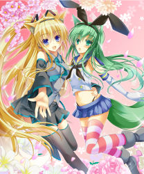Rule 34 | 2girls, :d, animal ears, blonde hair, blue eyes, cosplay, elbow gloves, fang, flower, fox ears, fox tail, gloves, green eyes, green hair, hair ornament, hairband, hatsune miku, hatsune miku (cosplay), highres, kantai collection, kasumi toshizou, long hair, looking at viewer, multiple girls, navel, open mouth, original, pappii (paprika shikiso), petals, pleated skirt, rose, school uniform, serafuku, shimakaze (kancolle), shimakaze (kancolle) (cosplay), skirt, smile, striped clothes, striped legwear, striped thighhighs, tail, takataka, thighhighs, two side up, very long hair, vocaloid, zettai ryouiki
