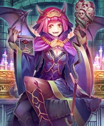 Rule 34 | 10s, 1girl, artist request, book, boots, candle, cape, chalice, cup, cygames, demon girl, demon horns, demon wings, demonic hedonist, fingernails, grin, hair ornament, holding, holding staff, horns, official art, open book, pink hair, reading, shadowverse, sharp fingernails, shingeki no bahamut, short hair, sitting, skull, smile, staff, wide sleeves, wings, yellow eyes