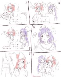 Rule 34 | 10s, 2girls, 6koma, bad id, bad twitter id, booniecake, breasts, comic, english text, ghost, long hair, love live!, love live! school idol project, medium breasts, monochrome, moorina, multiple girls, nishikino maki, open mouth, purple hair, red hair, short hair, simple background, smile, spot color, tojo nozomi, triangular headpiece, twintails