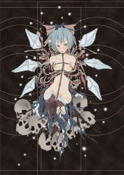 Rule 34 | 1girl, amputee, bdsm, blood, blue eyes, blue hair, blush, bondage, bound, bow, breasts, cirno, guro, lips, looking at viewer, matching hair/eyes, nipples, nude, open mouth, quadruple amputee, restrained, rib:y(uhki), rope, short hair, skirt, skull, small breasts, solo, torn clothes, torn skirt, touhou, wings