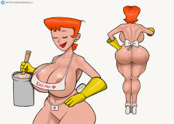 Rule 34 | 1girl, areola slip, ass, bare shoulders, breasts, cleavage, closed eyes, cooking, cooking pot, dexter&#039;s laboratory, dexter&#039;s mom, english text, food, from behind, gloves, gnashershells, high heels, huge ass, huge breasts, mature female, multiple views, navel, orange hair, rubber gloves, short hair, simple background, toon (style), twitter logo, twitter username, watermark, web address, white background, white footwear, wide hips, yellow gloves