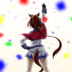 Rule 34 | 1girl, absurdres, animal ears, arm behind back, arm up, blue eyes, blue jacket, blue skirt, bow, brown hair, buttons, cape, clothing cutout, commentary request, confetti, cowboy shot, double-breasted, epaulettes, from behind, gloves, grin, hair between eyes, hand on own hip, highres, horse ears, horse girl, horse tail, jacket, long hair, long sleeves, multicolored clothes, multicolored hair, multicolored jacket, oryou gunsou, outstretched arm, outstretched hand, pink bow, pleated skirt, ponytail, red cape, simple background, single epaulette, skirt, smile, solo, streaked hair, tail, tail through clothes, tokai teio (umamusume), two-tone jacket, two-tone skirt, umamusume, white background, white gloves, white hair, white jacket