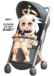 Rule 34 | 1girl, arkeden razeare, black eyes, commission, dress, english text, full body, furrowed brow, genshin impact, hair flaps, halo, highres, open mouth, paimon (genshin impact), solo, stroller, teeth, upper teeth only, white dress, white hair