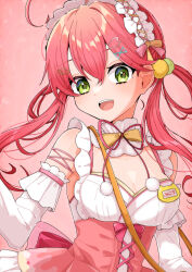 Rule 34 | 1girl, ahoge, alternate costume, bare shoulders, blush, breasts, corset, detached sleeves, dress, green eyes, hololive, large breasts, maid headdress, open mouth, pin, pin on chest, pink background, pink hair, sakura miko, skirt, smile, takae (poupee en biscuit), virtual youtuber