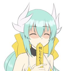 Rule 34 | 1girl, ^ ^, bikini, black collar, bow, closed eyes, closed mouth, collar, detached collar, dragon horns, fate/grand order, fate (series), green hair, hair between eyes, hair bow, halterneck, hand up, holding, horns, iseshi, kiyohime (fate), kiyohime (fate/grand order), kiyohime (swimsuit lancer) (fate), kiyohime (swimsuit lancer) (first ascension) (fate), long hair, shaded face, simple background, smile, solo, swimsuit, white background, wing collar, yellow bikini, yellow bow