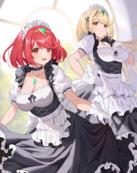 Rule 34 | 2girls, :d, absurdres, alternate costume, apron, backlighting, black choker, black dress, blonde hair, blush, breasts, chest jewel, choker, cleavage, closed mouth, collarbone, day, dress, dual persona, enmaided, feet out of frame, frilled dress, frilled sleeves, frills, gloves, hand on own hip, hand on own chest, highres, indoors, large breasts, leaning forward, long hair, looking at viewer, maid, maid headdress, multiple girls, mythra (xenoblade), open mouth, orange eyes, puffy short sleeves, puffy sleeves, pyra (xenoblade), racket ti1, red eyes, red hair, roi (liu tian), short hair, short sleeves, skirt hold, smile, standing, swept bangs, tiara, underbust, very long hair, waist apron, white apron, white gloves, window, xenoblade chronicles (series), xenoblade chronicles 2