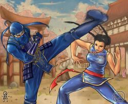 Rule 34 | 1boy, 1girl, armor, battle, black hair, braid, breasts, cherry blossoms, chinese clothes, double bun, earrings, faulds, jewelry, kage-maru, kicking, large breasts, marcianek, mask, medieval, motion blur, ninja, pai chan, shirt, taut clothes, taut shirt, torii, twin braids, vambraces, virtua fighter