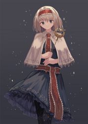Rule 34 | 1girl, alice margatroid, bad id, bad pixiv id, belt, black pantyhose, blue dress, blue eyes, blush, breasts, brown hair, capelet, closed mouth, collared capelet, constellation, constellation print, crescent, dress, grey background, hair between eyes, hairband, hands up, highres, light brown hair, looking at viewer, medium breasts, necktie, ookashippo, pantyhose, red belt, red hairband, red necktie, short hair, smile, solo, standing, star (symbol), star print, touhou