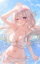 1girl alternate_costume arm_up armpits bikini blue_pupils blue_sky blush breasts chabi009 clenched_teeth cloud collarbone covering_head cowboy_shot day dutch_angle firefly_(honkai:_star_rail) front-tie_bikini_top front-tie_top hair_between_eyes heart heart-shaped_eyewear highres honkai:_star_rail honkai_(series) large_breasts light_brown_hair long_hair navel ocean one_eye_closed open_mouth purple_eyes side-tie_bikini_bottom sky solo splashing stomach swimsuit teeth water white_bikini