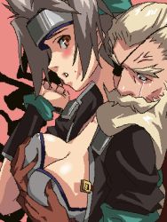 Rule 34 | 1boy, 1girl, age difference, beard, blonde hair, blush, brave fencer musashiden, grabbing another&#039;s breast, breasts, character request, cheekbones, cleavage, crying, crying with eyes open, detached sleeves, eyepatch, facial hair, forehead protector, from behind, gloves, grabbing, grabbing from behind, grey hair, groping, headband, hetero, jacket, jewelry, large breasts, lowres, maquis, musashiden ii, mustache, nanasyu, no bra, oekaki, old, old man, open clothes, open jacket, orange eyes, profile, source request, sweatdrop, tears, upper body, veins