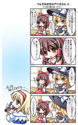 Rule 34 | 4koma, alice margatroid, blonde hair, blue eyes, bow, braid, brown eyes, brown hair, character doll, check translation, comic, detached sleeves, doll, female focus, hairband, hakurei reimu, hat, japanese clothes, kirisame marisa, miko, short hair, takatsukasa yue, touhou, translation request, witch, witch hat, yellow eyes