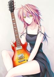 Rule 34 | 1girl, 440, bare shoulders, dress, electric guitar, gibson, guitar, instrument, long hair, off shoulder, open mouth, original, pink hair, simple background, sleeveless, solo, strap slip, yellow eyes
