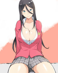 Rule 34 | &gt;:), 1girl, arm support, black hair, blazer, blue eyes, blush, breasts, character request, cleavage, closed mouth, hair between eyes, jacket, konishiki (52siki), large breasts, long hair, long sleeves, looking at viewer, miniskirt, plaid, plaid skirt, school girl strikers, school uniform, shirt, sitting, skirt, smile, solo, v-shaped eyebrows, white shirt