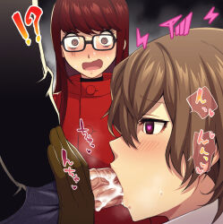 Rule 34 | !?, 1girl, 2boys, :&gt;, @ @, akechi gorou, amamiya ren, black shirt, blush, brown hair, commentary request, cum, eyelashes, fellatio, from side, glasses, gloves, glowing pupils, hair between eyes, heart, heart-shaped pupils, highres, hypnosis, large penis, long hair, male focus, mind control, multiple boys, oral, penis, persona, persona 5, persona 5 the royal, profile, red eyes, red hair, shirt, short hair, sound effects, speech bubble, spoken heart, steam, symbol-shaped pupils, teba motoko, translation request, veins, veiny penis, voyeurism, wide-eyed, yaoi, yoshizawa sumire