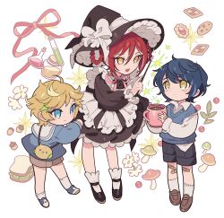 Rule 34 | 3boys, aged down, animal bag, aoba tsumugi, apron, bag, bandaid, bandaid on knee, bandaid on leg, berry, black dress, black footwear, black headwear, black shorts, blonde hair, blue eyes, blue hair, blue shirt, blue vest, braided hair rings, brown footwear, checkerboard cookie, chocolate chip cookie, collared shirt, cookie, crossdressing, cup, dress, ensemble stars!, flask, food, frilled apron, frills, full body, hair between eyes, harukawa sora, hat, highres, holding, holding cup, holding wand, leaning forward, loafers, long sleeves, looking at another, magic, male focus, mary janes, meremero, mug, multiple boys, mushroom, open mouth, pink ribbon, puffy long sleeves, puffy sleeves, red hair, red ribbon, ribbon, sakasaki natsume, sandwich, shirt, shoes, short hair, shorts, smile, socks, standing, switch (ensemble stars!), vest, wand, white apron, white background, white shirt, white socks, witch, witch hat, yellow eyes