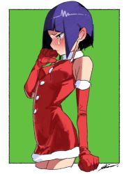 Rule 34 | 10s, 1girl, arched back, bad id, bad pixiv id, blue hair, blush, boku no hero academia, covered erect nipples, dress, elbow gloves, gloves, green background, jirou kyouka, large ears, lips, red gloves, santa costume, shoco (sco labo), short hair, solo, tears