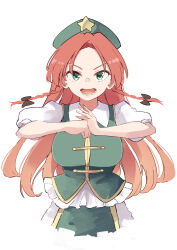 Rule 34 | 1girl, braid, breasts, collared shirt, deetamu, green eyes, green hat, green vest, hat, hat ornament, highres, hong meiling, large breasts, long hair, looking at viewer, open mouth, puffy short sleeves, puffy sleeves, red hair, shirt, short sleeves, simple background, solo, star (symbol), star hat ornament, touhou, twin braids, upper body, vest, white background, white shirt