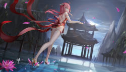 Rule 34 | 1girl, ahoge, architecture, arm strap, backless dress, backless outfit, blue eyes, blurry, blurry background, dress, dutch angle, east asian architecture, flower, from behind, from below, headgear, high heels, highres, long hair, looking at viewer, looking back, lotus, overcast, petals, pink hair, red dress, short dress, sky, thigh strap, virtual dimension project, virtual youtuber, wangchuan de quanyan, wind
