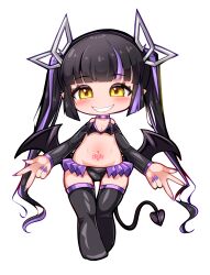 Rule 34 | 1girl, absurdres, alternate costume, bat wings, black bra, black hair, black panties, black thighhighs, black wings, blunt bangs, blush, bra, breasts, cleavage, commentary request, demon girl, demon horns, demon tail, double w, full body, grin, highres, horns, kojo anna, long hair, looking at viewer, multicolored hair, nanashi inc., panties, pointy ears, pubic tattoo, purple hair, purple nails, robou no stone, shiny skin, simple background, small breasts, smile, solo, tail, tattoo, thighhighs, transparent background, twintails, two-tone hair, underwear, virtual youtuber, w, walking, wings, yellow eyes