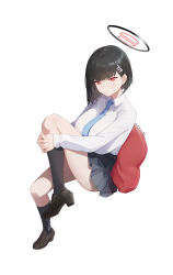 Rule 34 | 1girl, absurdres, aged down, black hair, black skirt, black socks, blue archive, blue necktie, blunt ends, blush, breasts, dated, halo, highres, holding own leg, huge breasts, kneehighs, looking at viewer, miniskirt, necktie, pleated skirt, red eyes, rio (blue archive), shirt, short hair, signature, simple background, sitting, skirt, socks, solo, sukaliya, white background, white shirt