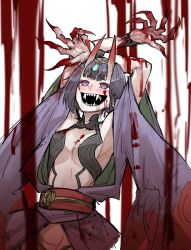 Rule 34 | 1girl, :d, absurdres, arms up, bad id, bad twitter id, black hair, bob cut, breasts, claws, fate/grand order, fate (series), fingernails, gradient horns, hair ornament, hands up, highres, horns, japanese clothes, kankan33333, kimono, long fingernails, long sleeves, looking up, medium hair, monsterification, multicolored horns, obi, open mouth, purple eyes, purple kimono, raining blood, revealing clothes, sash, sharp fingernails, sharp teeth, shuten douji (fate), small breasts, smile, solo, teeth, white background, wide sleeves, wristband