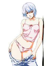Rule 34 | 1girl, ayanami rei, blue hair, bow, bow panties, camisole, clothes pull, denim, duplicate, highres, horibe hiderou, jeans, midriff, neon genesis evangelion, aged up, panties, pants, pants pull, pink panties, pulling own clothes, red eyes, short hair, solo, standing, third-party edit, underwear, undressing, unzipped
