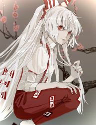 Rule 34 | 1girl, absurdly long hair, arm strap, bow, branch, brown background, cherry blossoms, closed mouth, collared shirt, fingernails, from side, fujiwara no mokou, gradient background, hair bow, hand in own hair, hand on own thigh, highres, lips, long hair, looking at viewer, looking to the side, nail polish, nanasuou, pants, ponytail, puffy short sleeves, puffy sleeves, red eyes, red nails, red pants, shirt, short sleeves, solo, squatting, suspenders, talisman, touhou, very long hair, white hair, white legwear, white shirt
