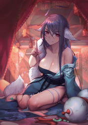 Rule 34 | 1girl, \n/, absurdres, ahoge, animal ears, ankle ribbon, anklet, asymmetrical clothes, bare shoulders, blue kimono, blurry, blush, breasts, character request, cleavage, closed mouth, collarbone, depth of field, gorgeous mushroom, gourd, hair between eyes, highres, huyao xiao hongniang, indoors, japanese clothes, jewelry, kimono, lantern, large breasts, leg ribbon, long hair, looking at viewer, nail polish, off shoulder, paper lantern, pink nails, purple hair, red eyes, ribbon, sash, single sleeve, sitting, smile, solo, sunlight, tushan yaya, undershirt, wide sleeves