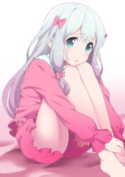Rule 34 | 1girl, barefoot, blue eyes, bow, commentary request, embarrassed, eromanga sensei, feet, hugging own legs, izumi sagiri, knees to chest, knees up, legs, long hair, misashi (raichi821), open mouth, pink shirt, pink shorts, ribbon, shirt, short shorts, shorts, silver hair, simple background, sitting, sleepwear, solo, thighs, white background