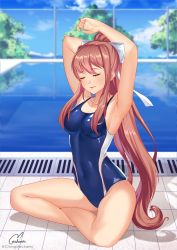 Rule 34 | 1girl, armpits, arms up, artist name, blue one-piece swimsuit, blurry, blurry background, bow, breasts, brown hair, chungmechanic, closed eyes, collarbone, competition swimsuit, covered navel, day, doki doki literature club, full body, hair bow, high ponytail, highres, indian style, long hair, medium breasts, monika (doki doki literature club), one-piece swimsuit, outdoors, ponytail, pool, poolside, sideboob, sitting, solo, swimsuit, very long hair, white bow