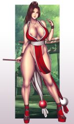 Rule 34 | 1girl, absurdres, bemannen, breasts, cleavage, fatal fury, highres, large breasts, nail polish, nipple slip, nipples, no bra, no panties, pubic hair, pussy, pussy peek, shiranui mai, smile, tagme, the king of fighters, wide hips