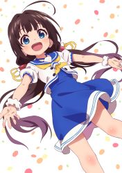 Rule 34 | 1girl, :d, ahoge, blue dress, blue eyes, blue sailor collar, brown hair, commentary request, copyright request, cowboy shot, dress, dutch angle, long hair, looking at viewer, low twintails, neckerchief, open mouth, sailor collar, school uniform, scrunchie, serafuku, shirt, short sleeves, smile, solo, standing, tomato (lsj44867), twintails, very long hair, white background, white shirt, wrist scrunchie, yellow neckerchief