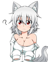 Rule 34 | 1girl, :&lt;, ?, animal ears, bad id, bad nicoseiga id, blush, breasts, cleavage, collarbone, collared shirt, female focus, frown, inubashiri momiji, large breasts, looking at viewer, off shoulder, paw pose, red eyes, shirt, short hair, silver hair, simple background, sleeves past wrists, solo, sumiya nadateru, tail, touhou, wide-eyed, wolf ears, wolf tail