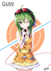 Rule 34 | 1girl, ;d, absurdres, arm behind back, bee doushi, belt, character name, choker, cowboy shot, goggles, goggles on head, green eyes, green hair, grin, gumi, hair between eyes, head tilt, highres, holding, holding microphone, layered skirt, long hair, looking at viewer, microphone, miniskirt, multicolored hair, one eye closed, open mouth, purple hair, red-tinted eyewear, shirt, signature, skirt, sleeveless, sleeveless shirt, smile, solo, standing, tinted eyewear, two-tone hair, vocaloid, white background, yellow skirt